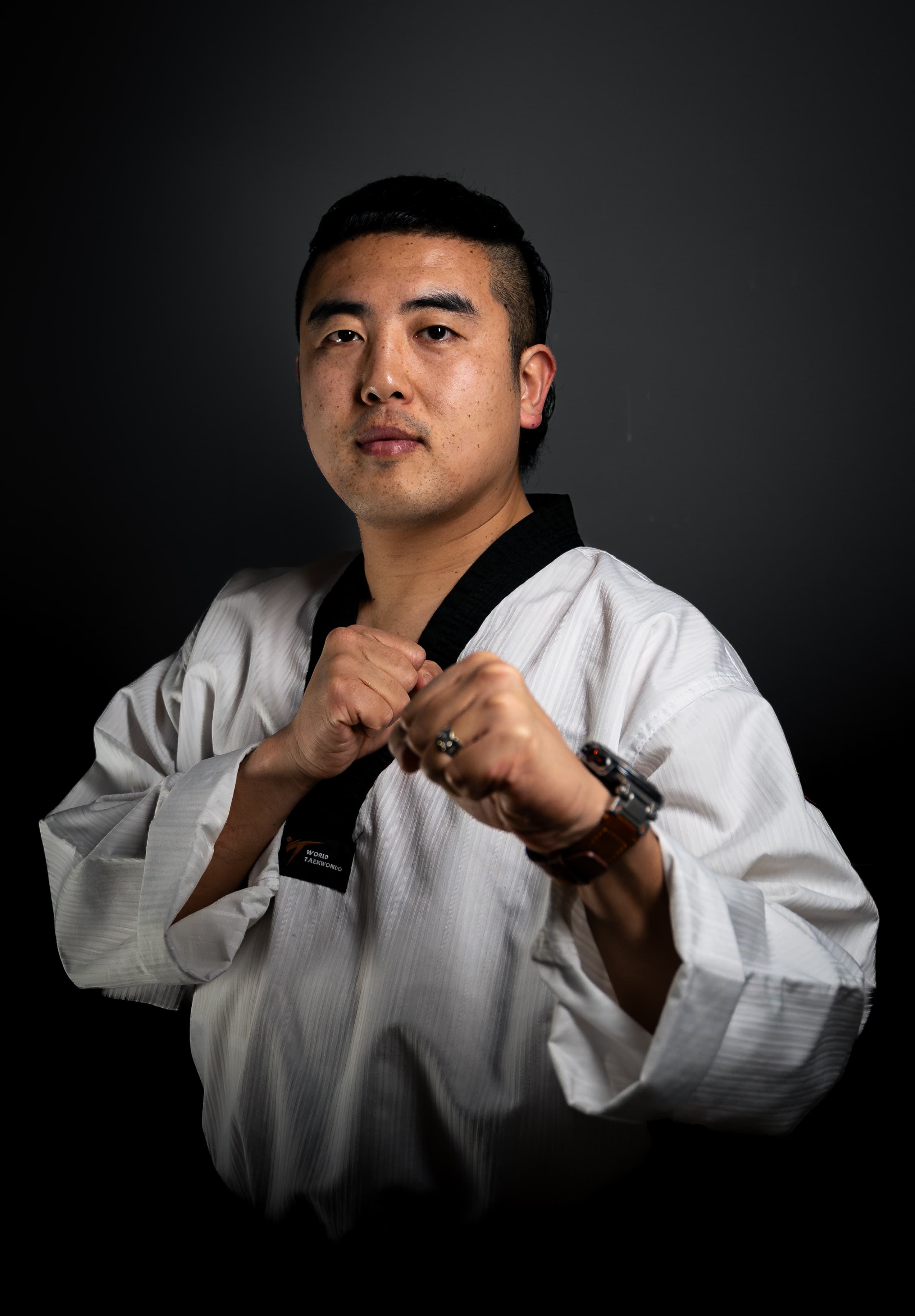 Master Choe in a fighting guard stance